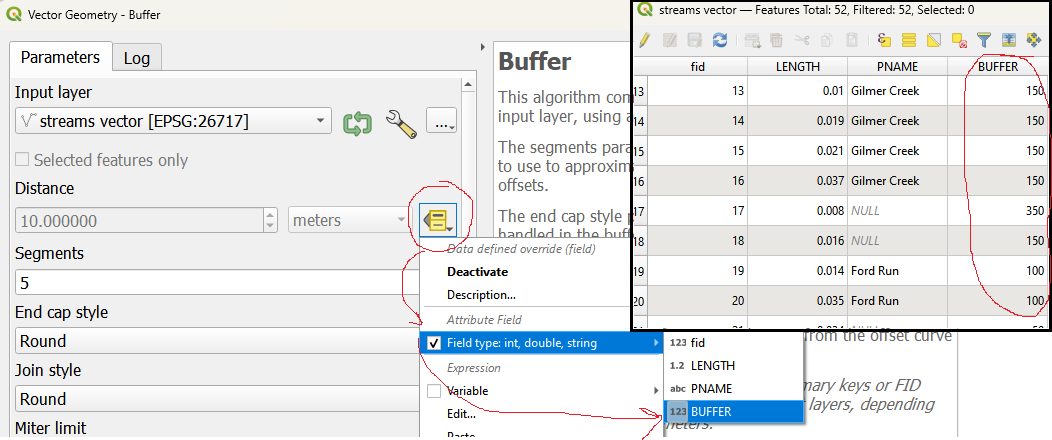 QGIS attribute buffer size